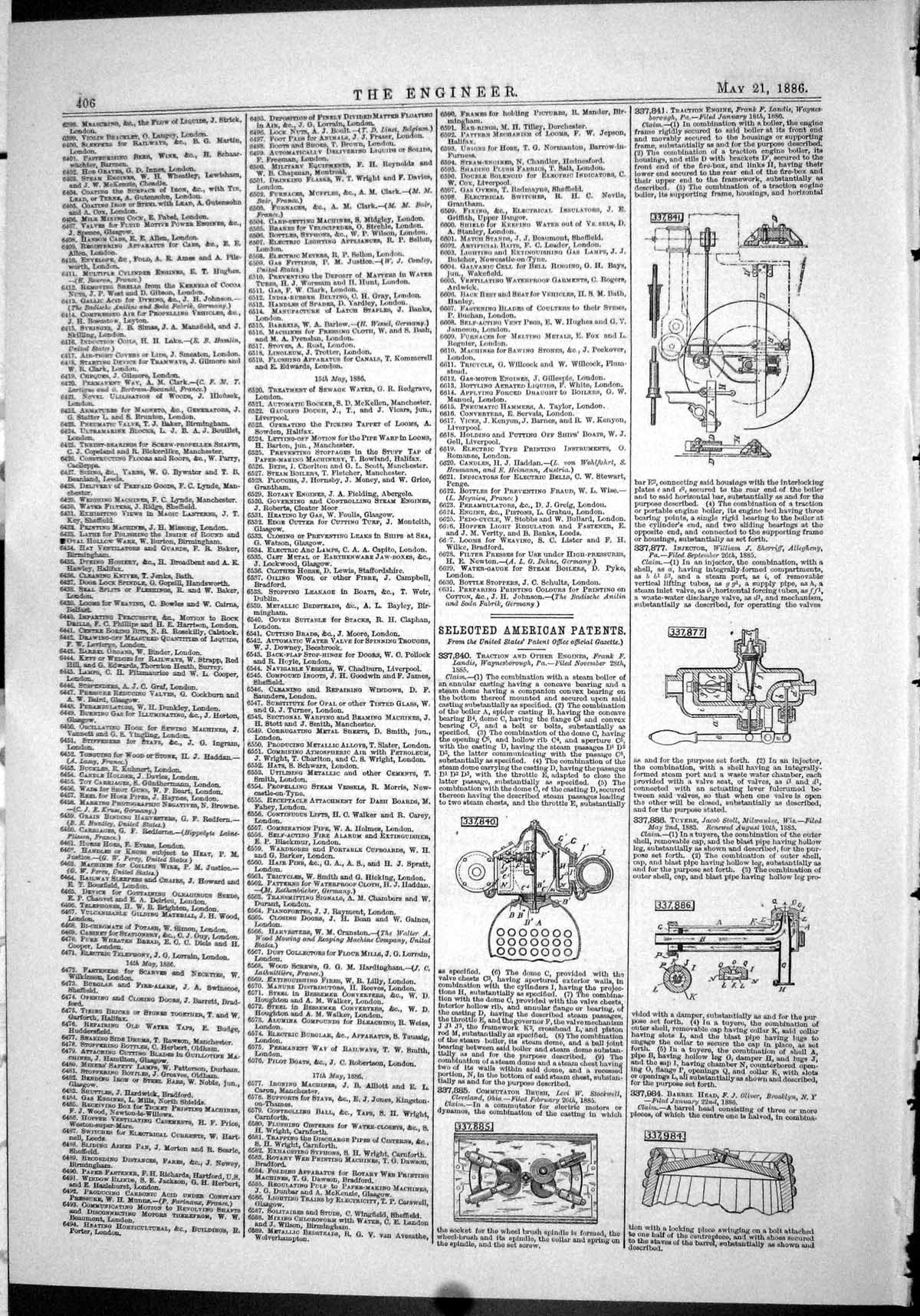 Antique Print 1886 American Patents Engines Landis Stockwell Sherriff Stoll
