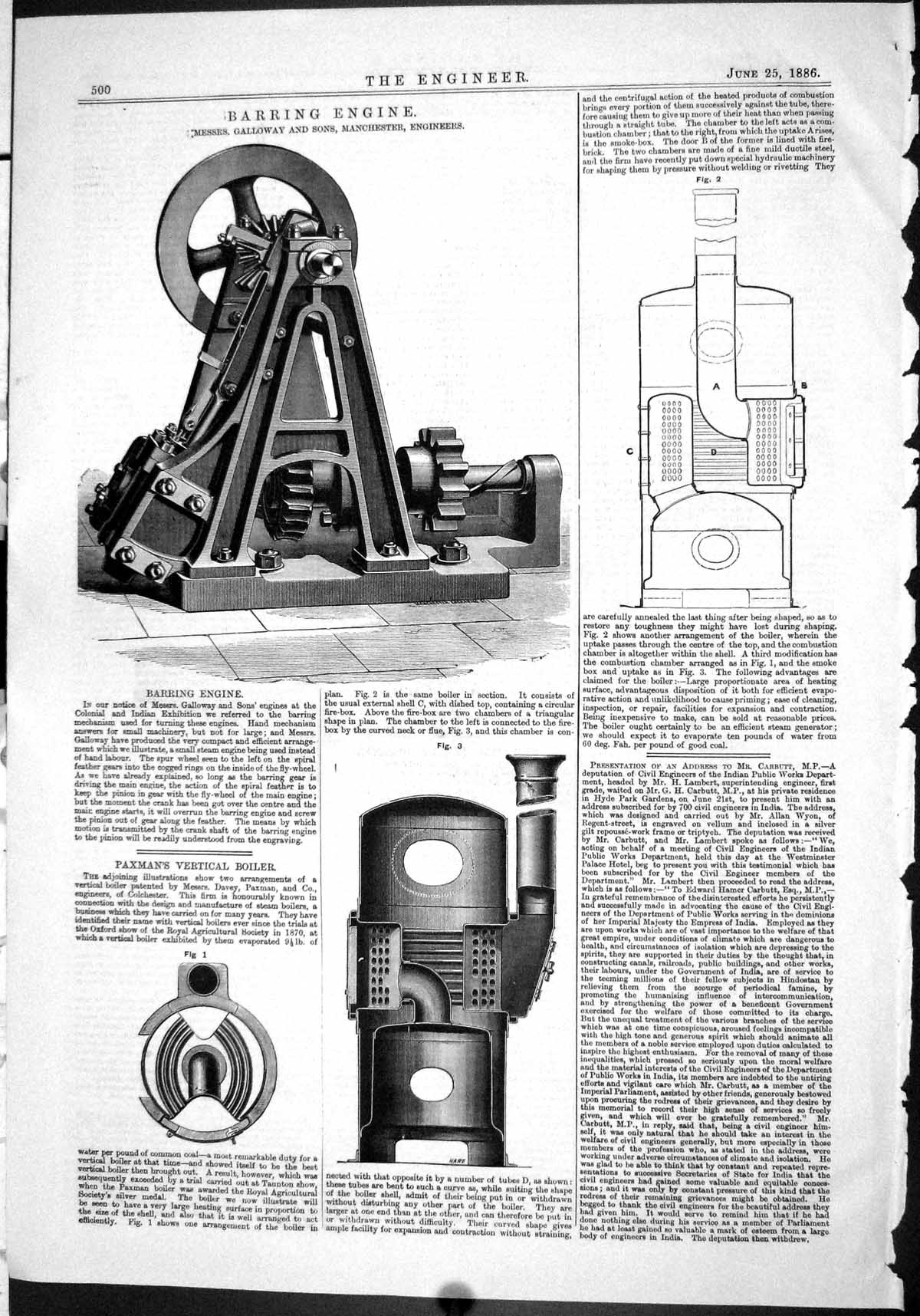 Old Print 1886 Barring Engine Galloway Paxman Vertical Boiler Manchester 19th
