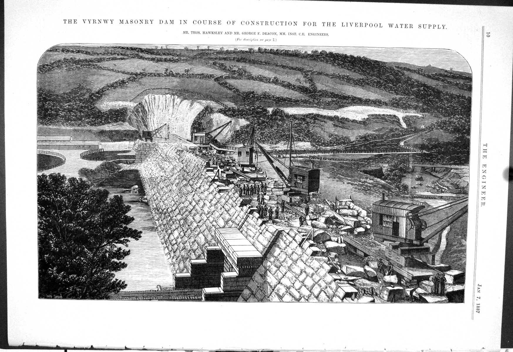 Old Print 1887 Vyrnwy Masonry Dam Liverpool Water Supply Hawksley Deacon 19th