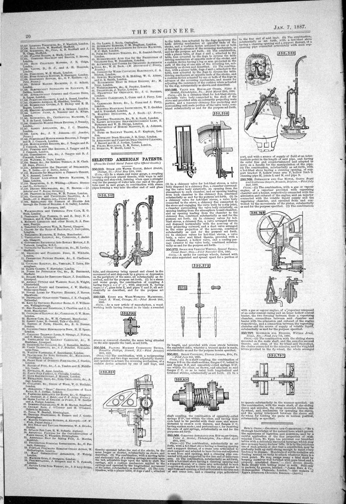 Old Print 1887 American Patents Stretch Wood Phillips Leaman Arnot Gaston 19th