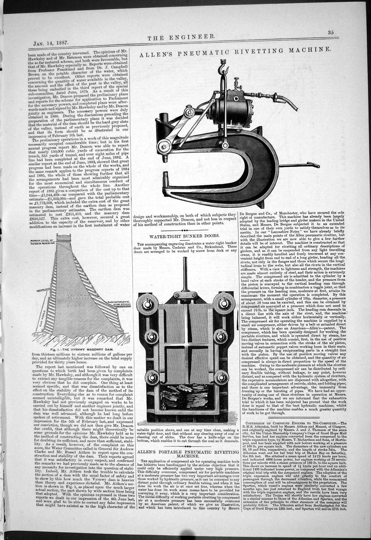 Old Print 1887 Allen Pneumatic Rivetting Machine Water-Tight Bunker Doors 19th