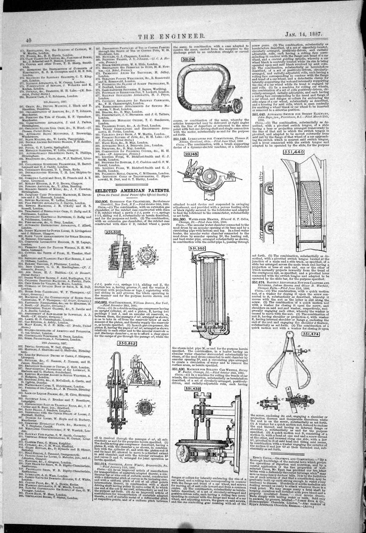 Antique Print 1887 American Patents Bartholomew Bowers Hervey Fowler Colles