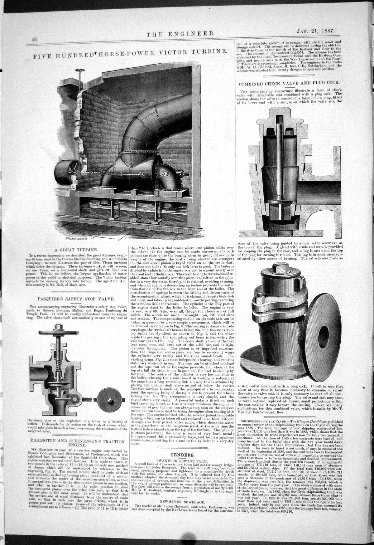 Old Print 1887 Horse-Power Victor Turbine Pasquier Safety Stop Valve Plug 19th