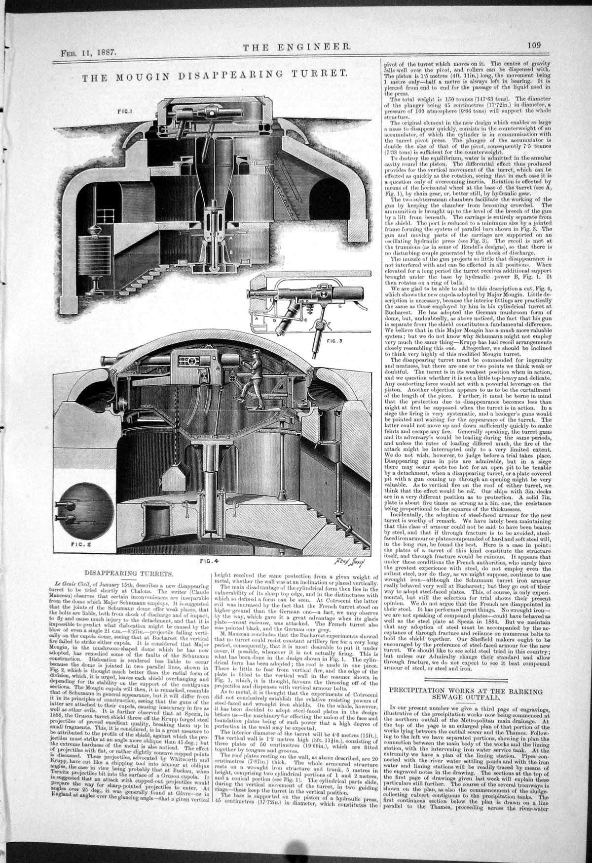 Old Antique Print Engineering 1887 Mougin Disappearing Turret Machinery 19th