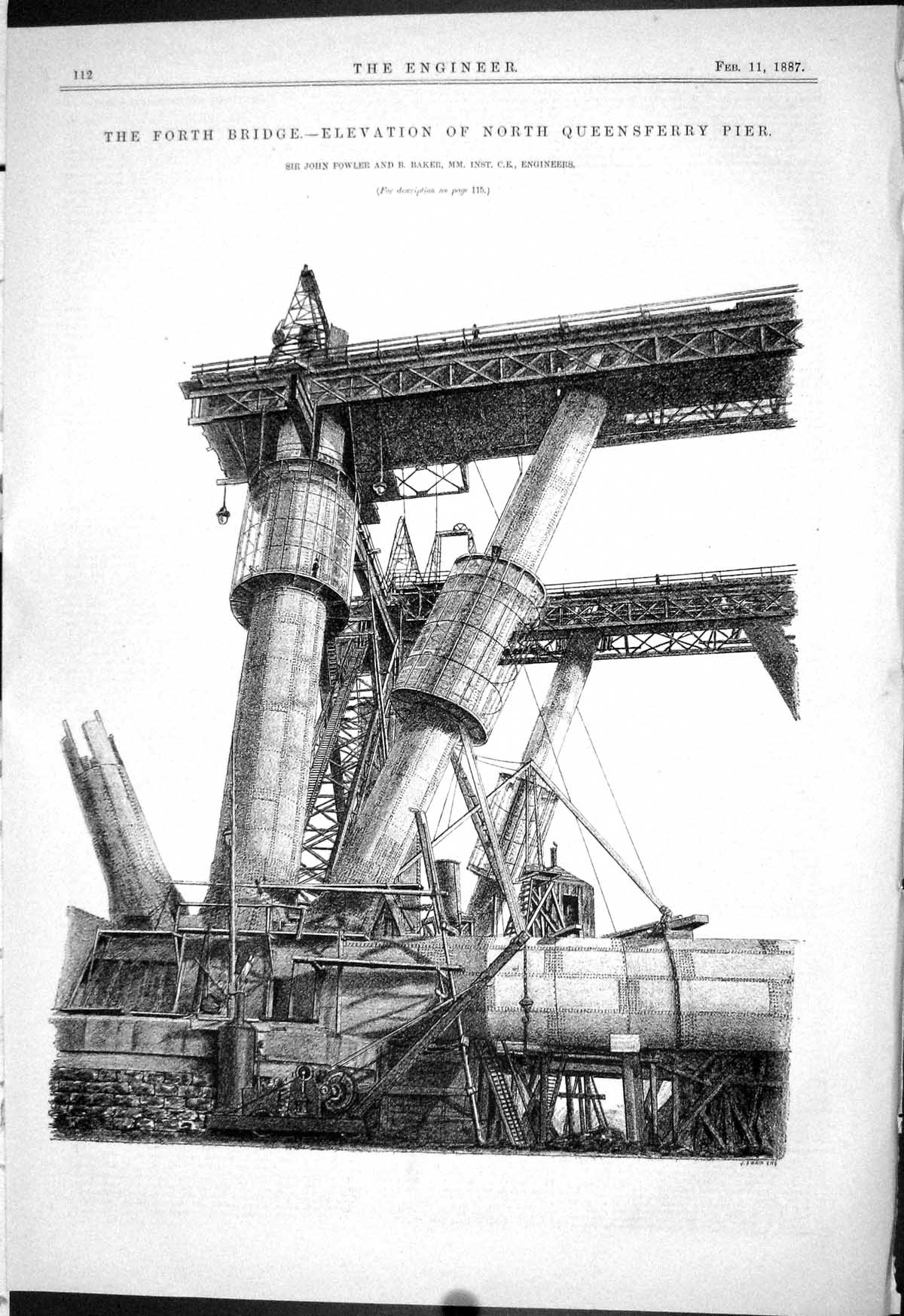Old 1887 Forth Railway Bridge Elevation Queensferry Pier Fowler Baker Victorian