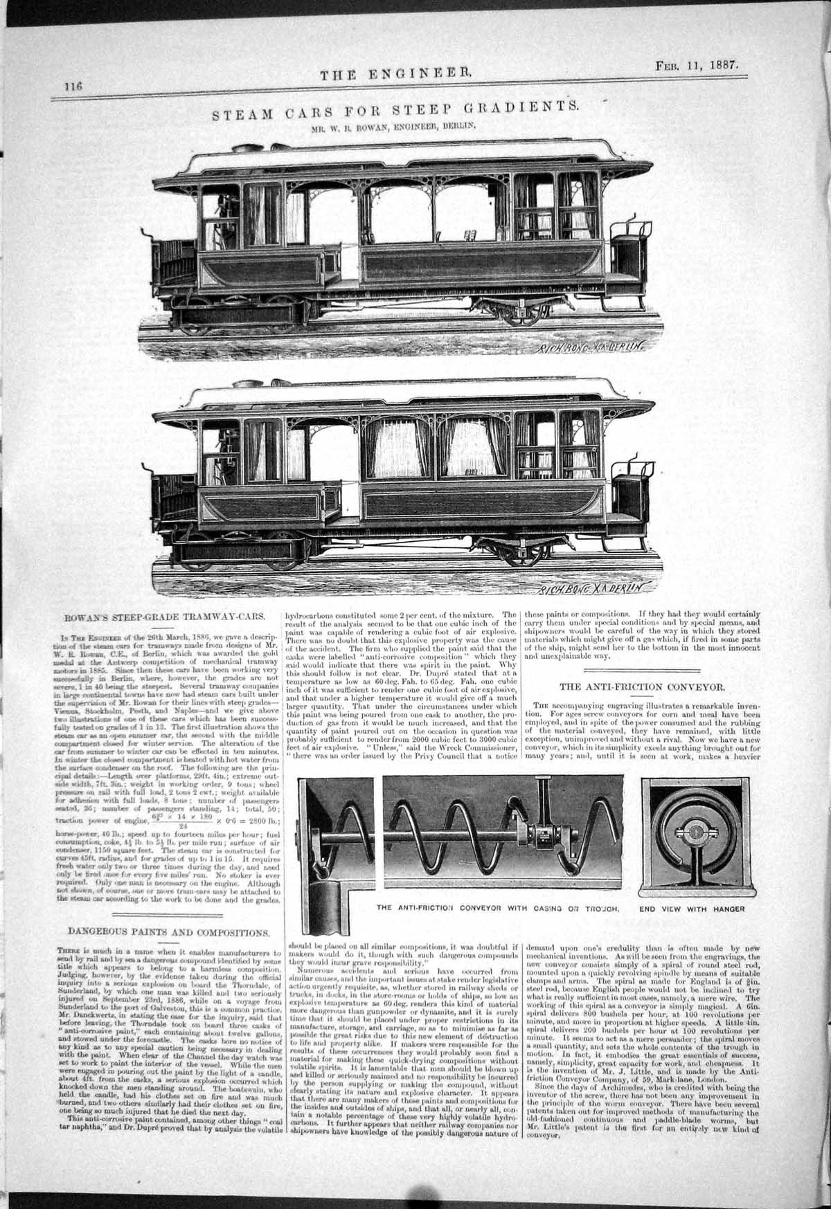 Antique Old Print 1887 Rowan Steep-Grade Tramway Cars Anti-Friction Conveyor