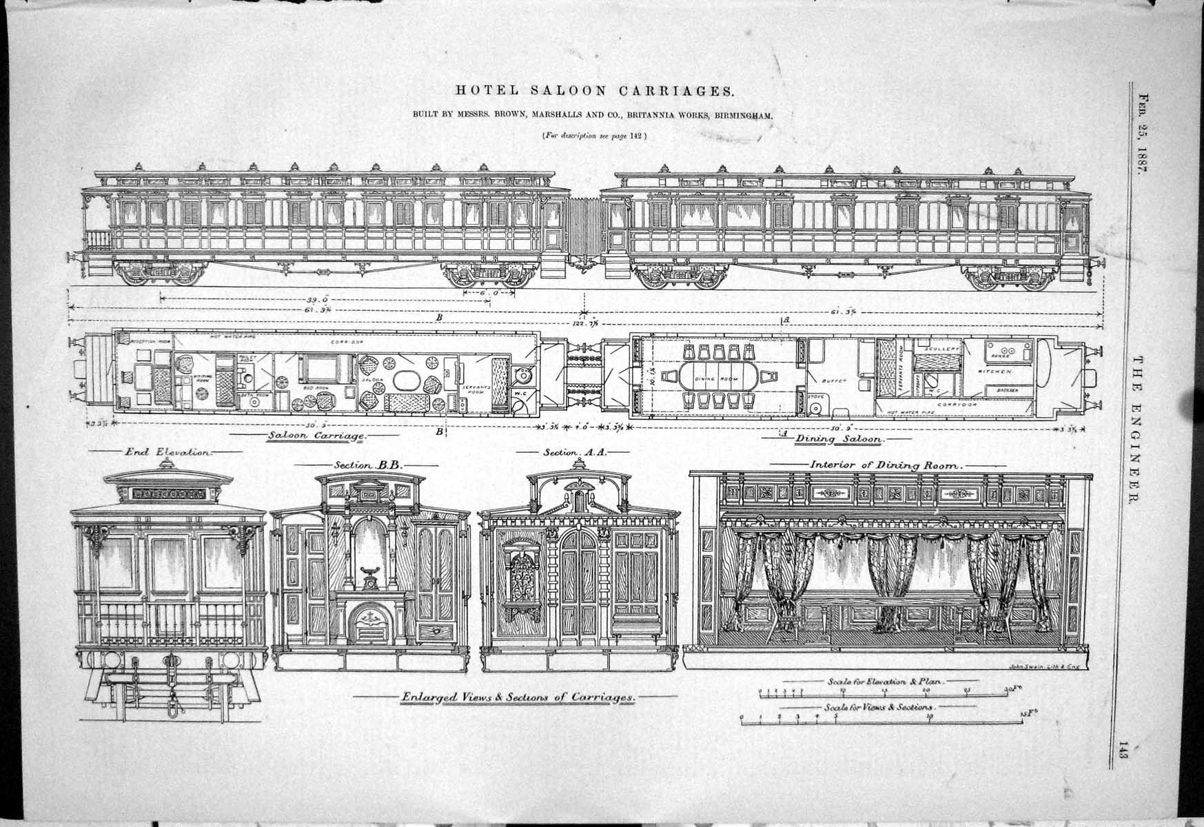 Antique Old Print 1887 Hotel Saloon Carriages Train Railways Brown Marshalls