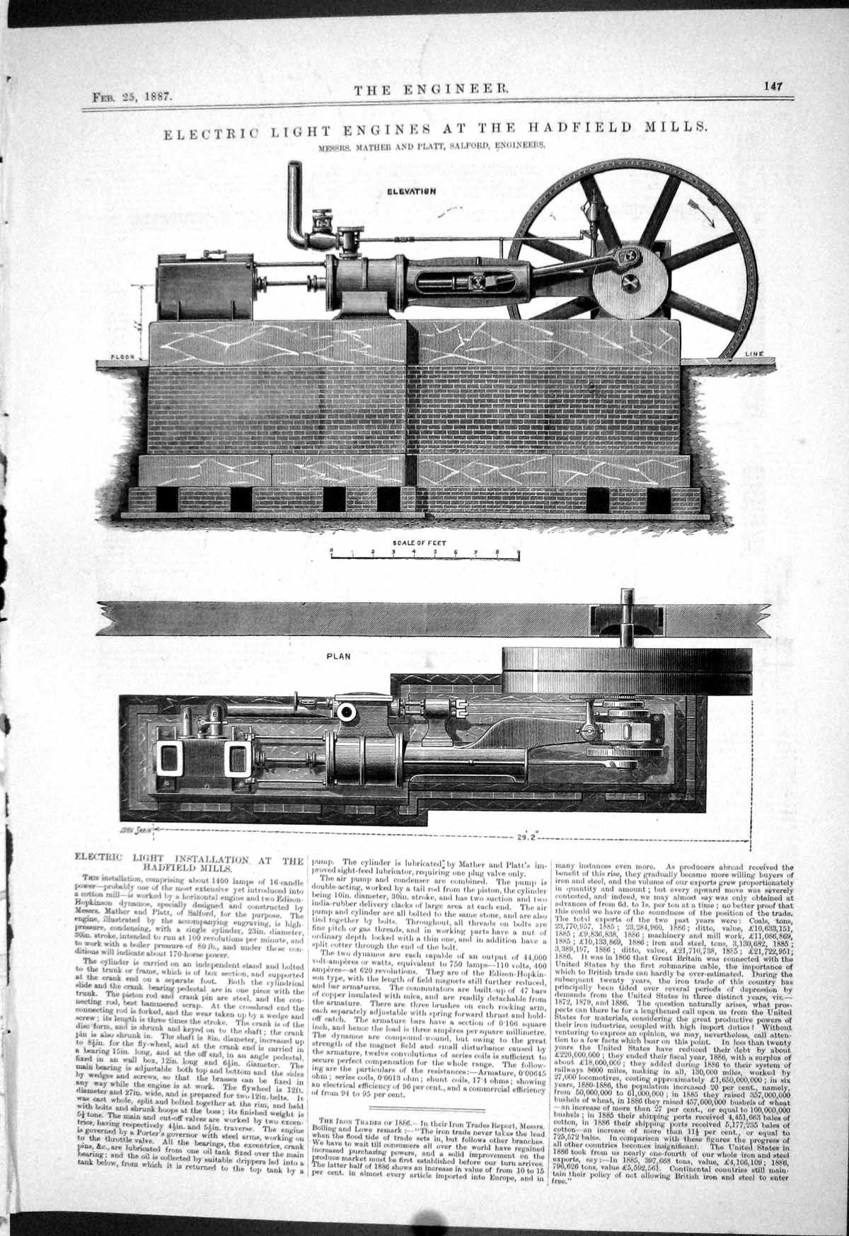 Old 1887 Electric Light Engines Hadfield Mills Mather Platt Machinery Victorian