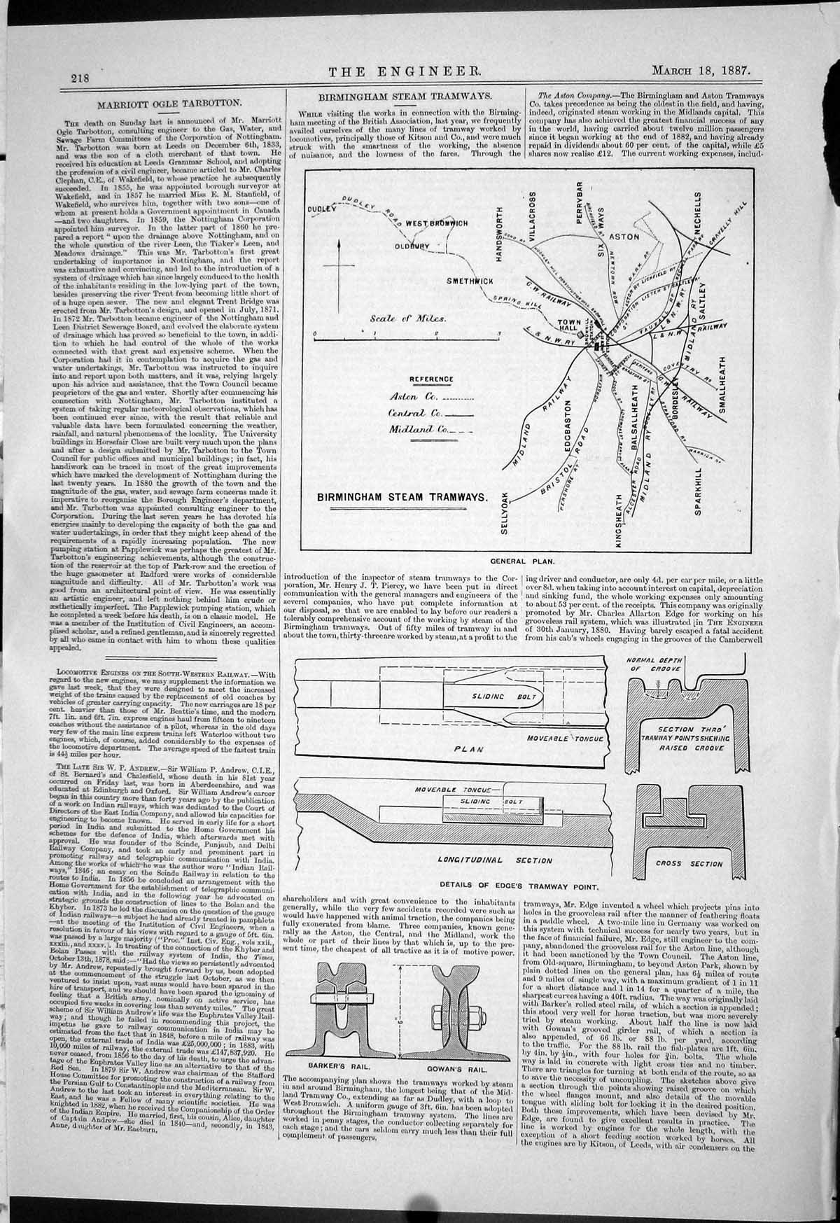 Old 1887 Birmingham Steam Tramways Map Edge Barker Gowan Rail Nichols Victorian