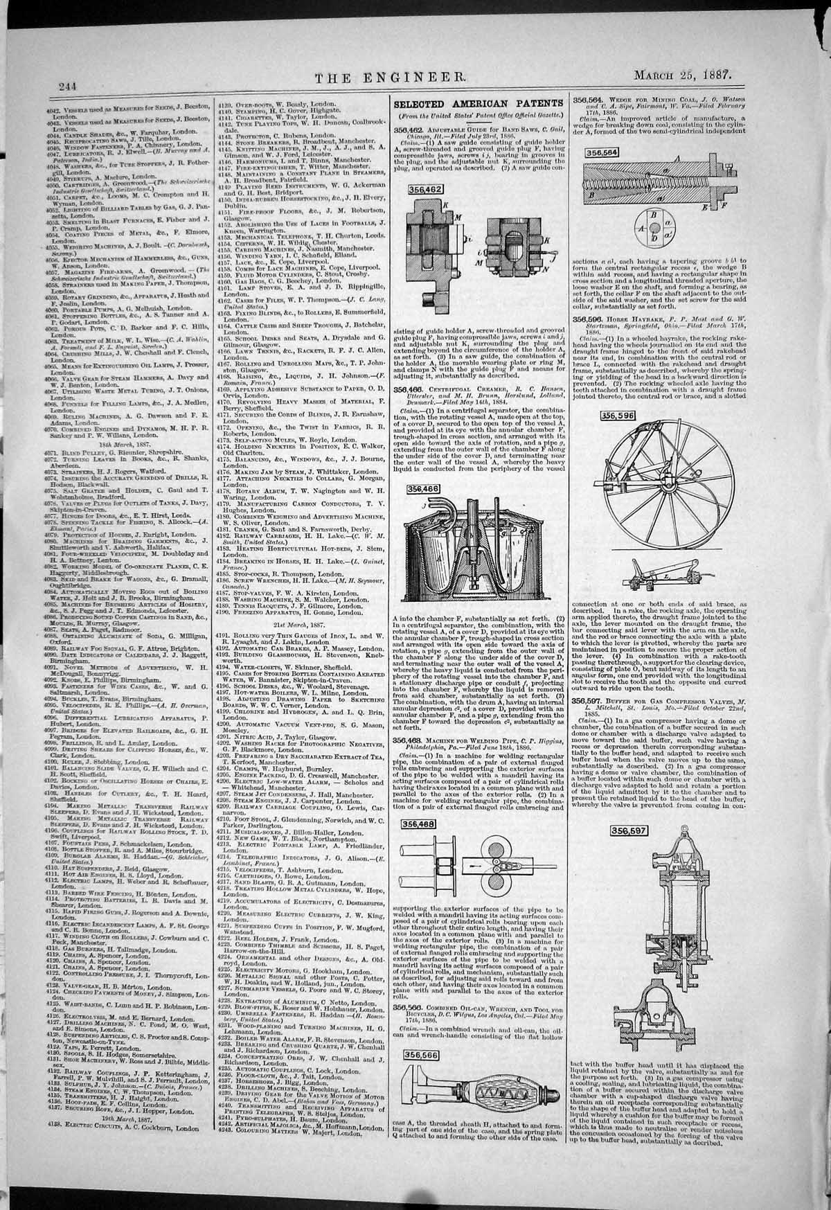 Old Print American Patents 1887 Higgins Wilgus Mitchell Mast Hansen Gail 19th