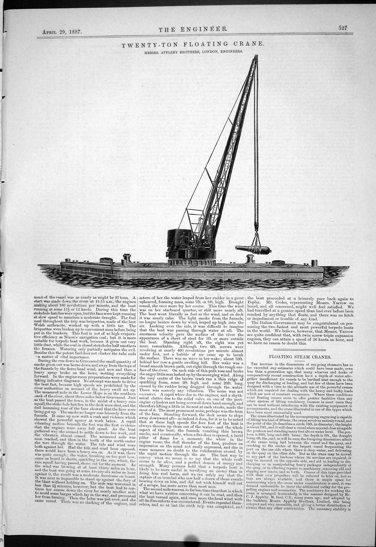 Old Engineering 1887 Twenty-Ton Floating Crane Appleby Brothers Londo Victorian