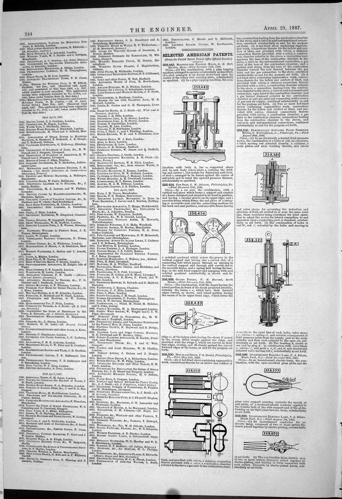 Old Print Edison Strobel Westinghouse Hall Johnson 1887 American Patents 19th