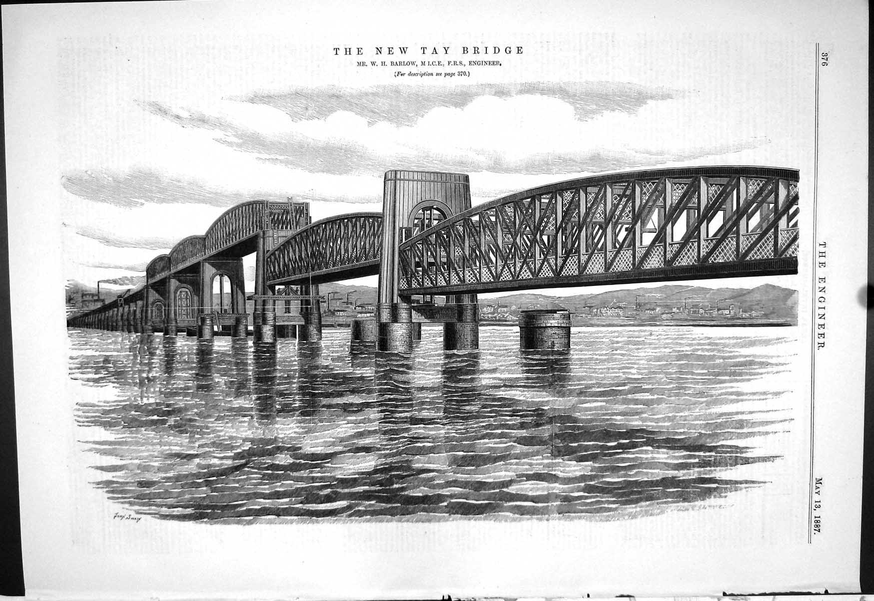 Antique Print Firth Tay Railways Bridge Train 1887 Scotland Barlow M.I.C.E.