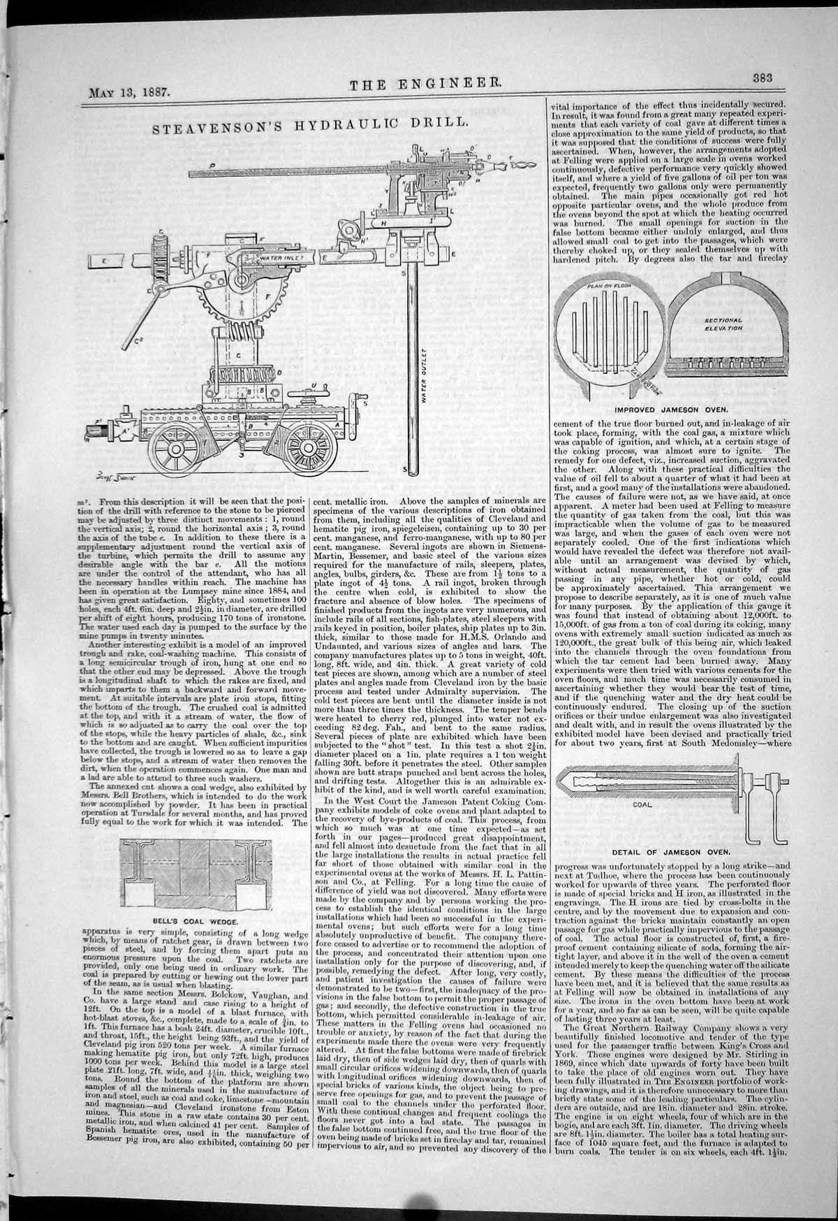 Antique Print 1887 Steavenson Hydraulic Drill Bell Coal Wedge Jameson Oven 19th