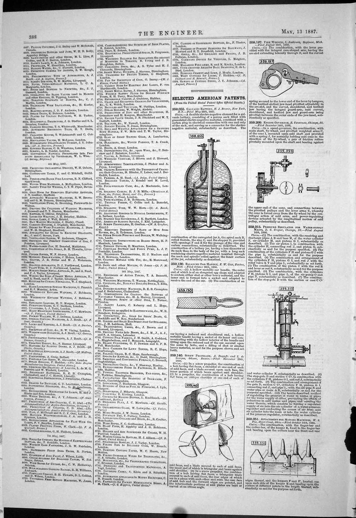 Antique Old Print 1887 American Patents Brewer Case Cregier Engines Machinery