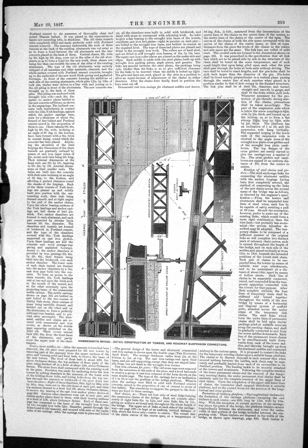 Old Print 1887 Hammersmith Bridge Construction Towers Roadway Suspension 19th