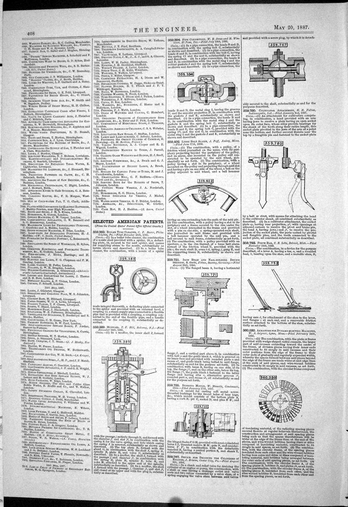 Old Print 1887 American Patents Bower Messerle Leipner Letts Fulton Jones 19th