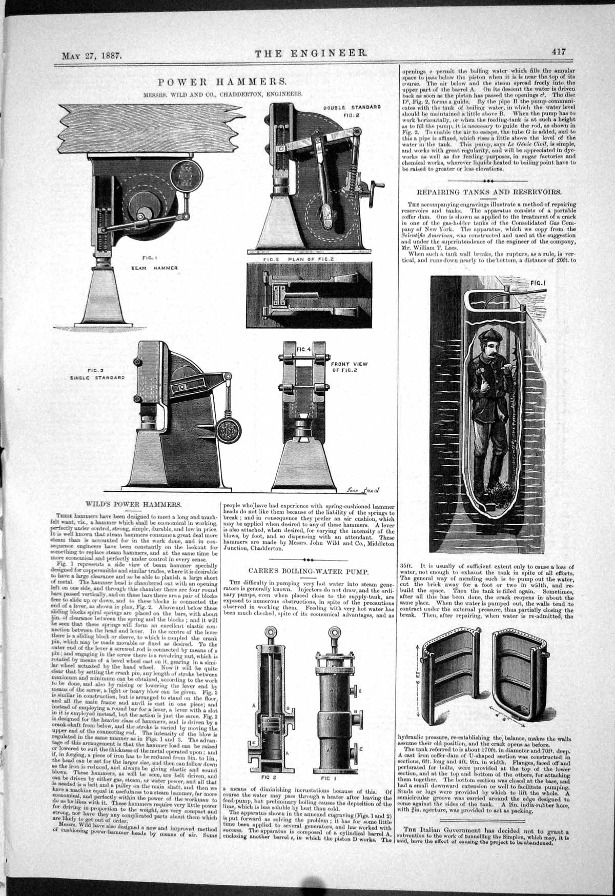 Old Print 1887 Power Hammers Wild Chadderton Carre Pump Pile Bracing Pier 19th