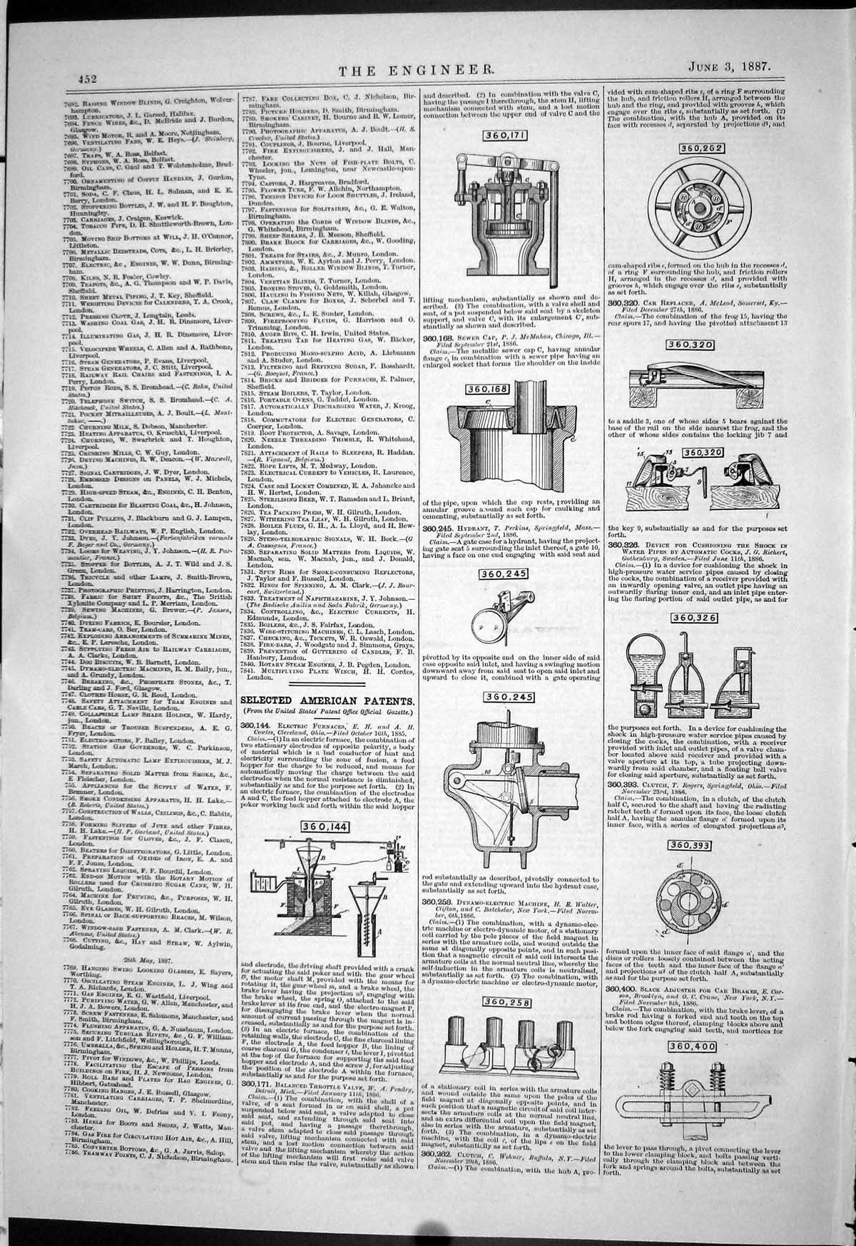 Old Print American Patents 1887 Cowles Corson Clifton Springfield Mcleod 19th