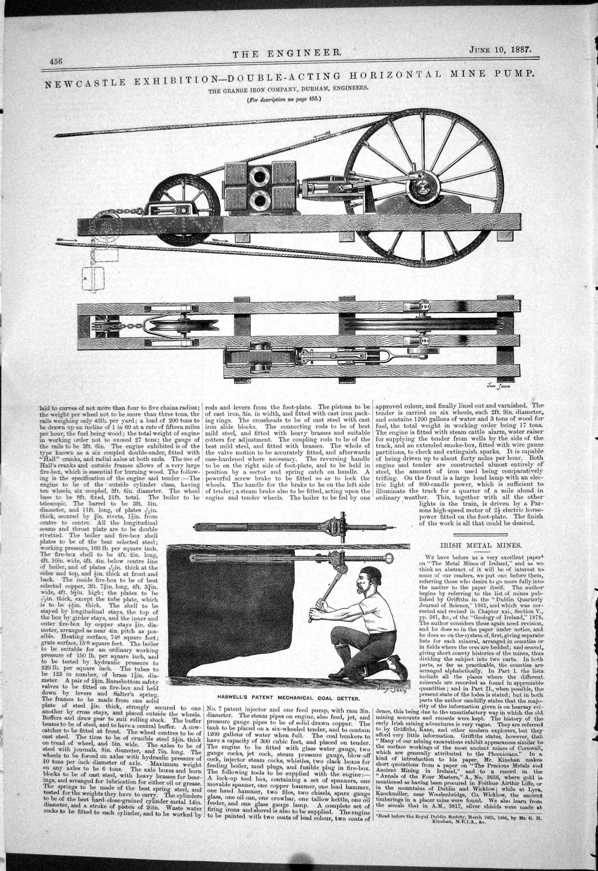 Antique Old Print 1887 Double-Acting Horizontal Mine Pump Haswell Coal Getter