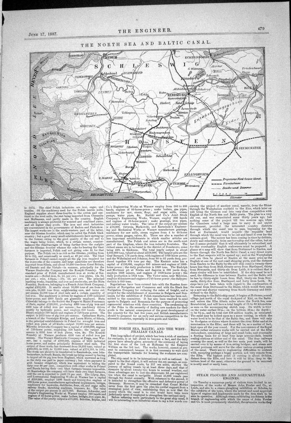 Old 1887 Map North Sea Baltic Canal Neumunster Husum Rendsburg Meldor Victorian