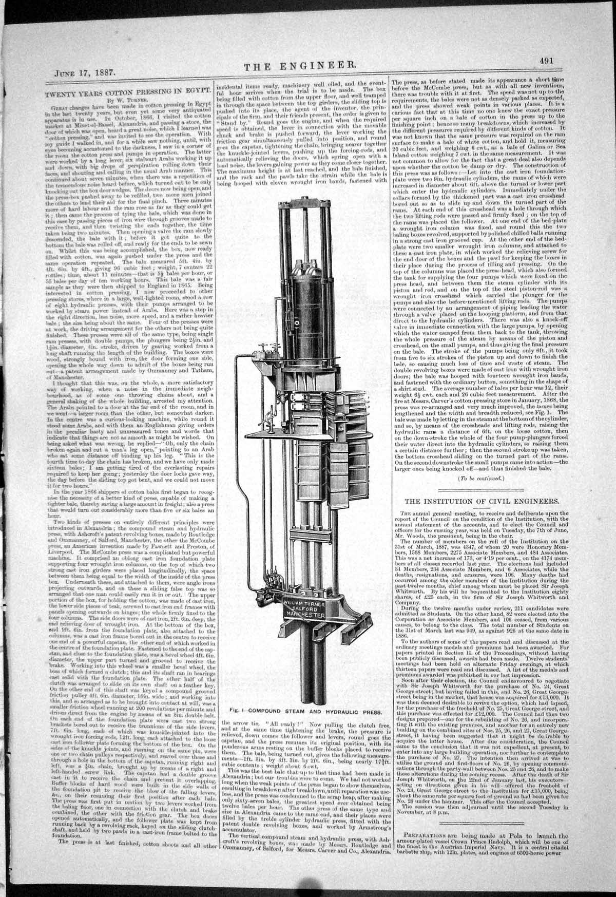 Antique Old Print 1887 Compound Steam Hydraulic Cotton Press Egypt Machinery