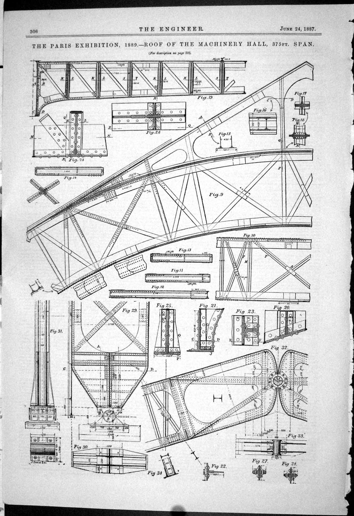 Old Engineering 1887 Paris Exhibition Romachinery Hall Bulding Diagra Victorian