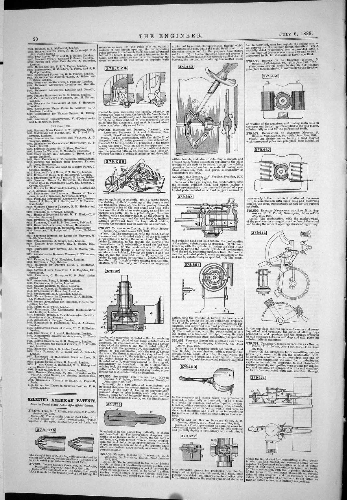 Antique Print American Patents 1888 Sharpener Reaper Machinery Potatoes Gas