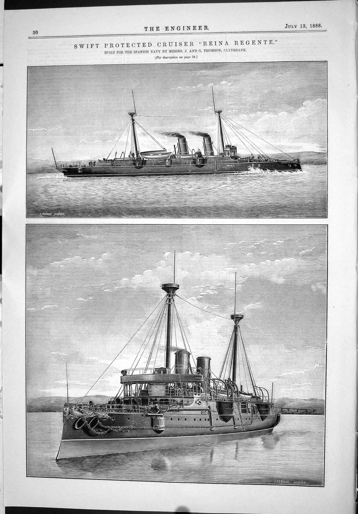 Old 1888 Swift Protected Cruiser Ship Reina Regente Thomson Clydebank Victorian