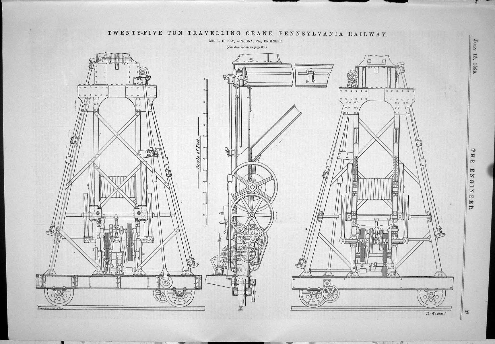 Antique Old Print 1888 Twenty-Five Travelling Crane Pennsylvania Railway Ely