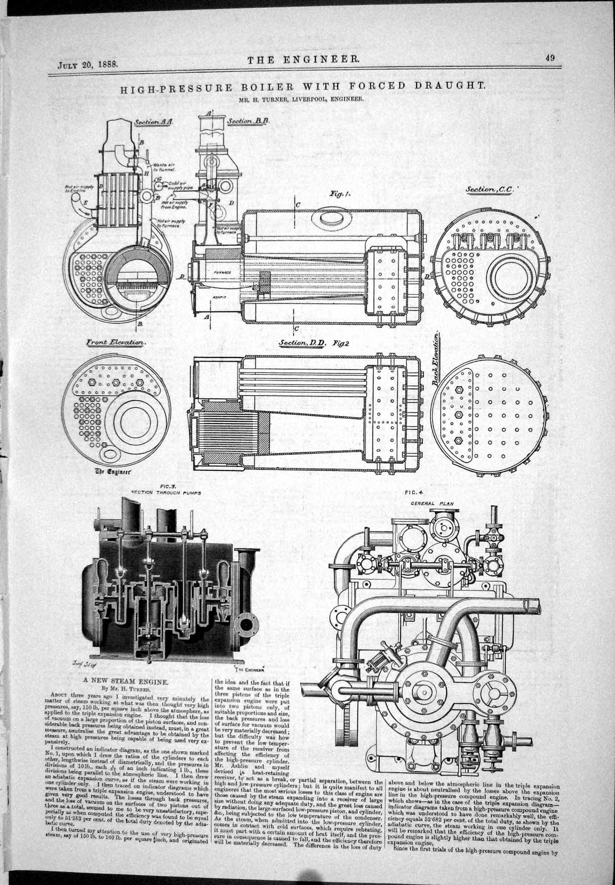 Old Print 1888 High-Pressure Boiler Forced Draught Turner Diagrams Steam 19th