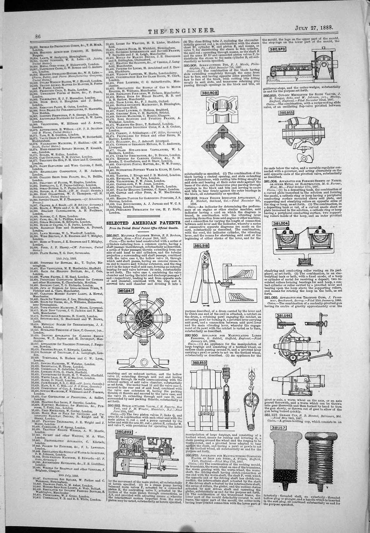 Antique Print American Patents 1888 Steam-Actuated Valve Grease Cup Engine 19th