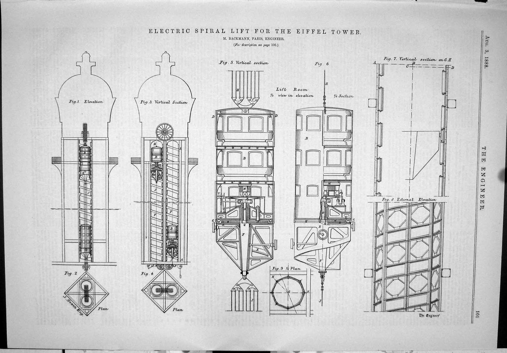 Old 1888 Engineering Electric Spiral Life Eiffel Tower Backmann Diagr Victorian