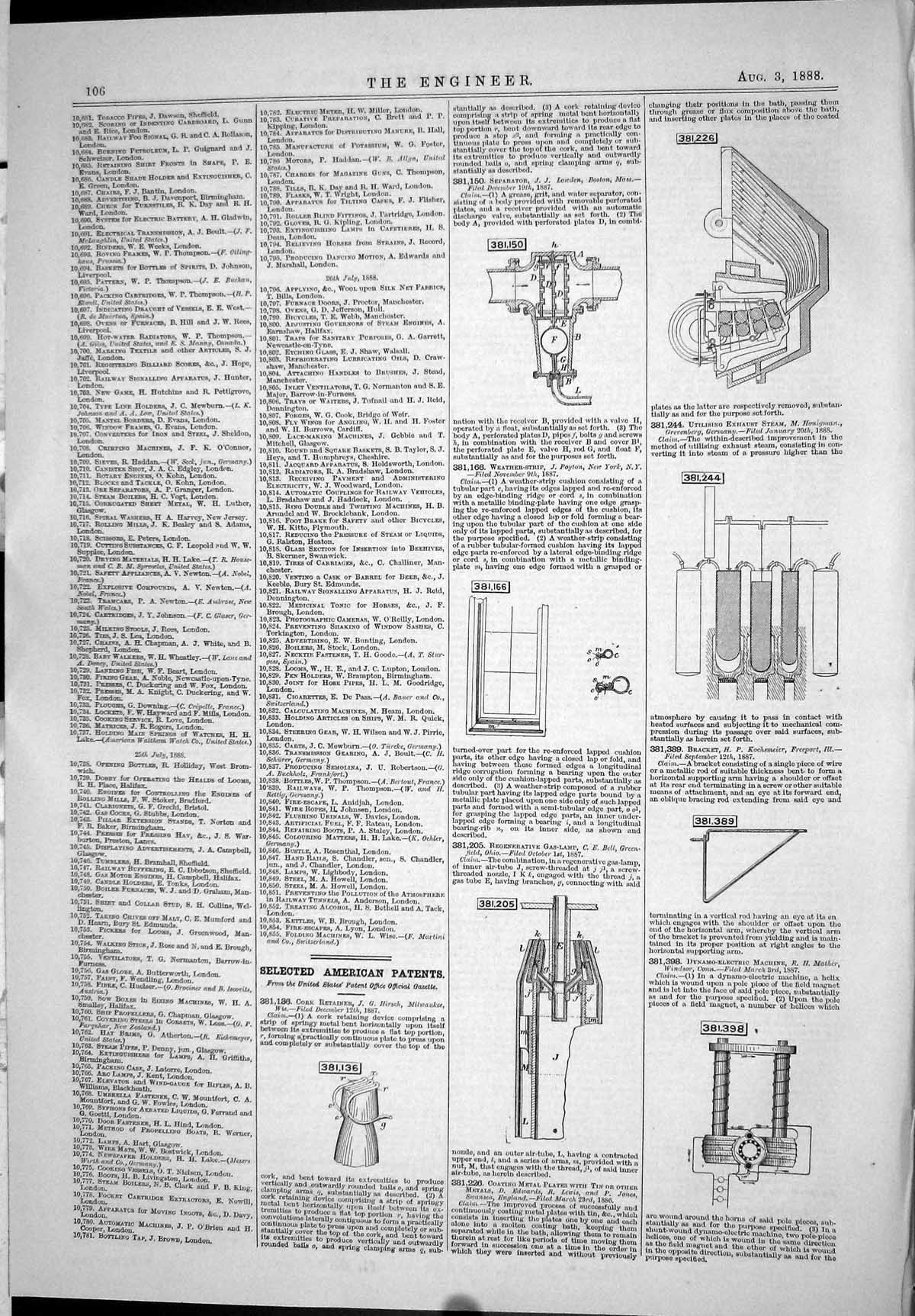 Antique Old Print American Patents 1888 Cork Retainer Dynamo-Electric Machine