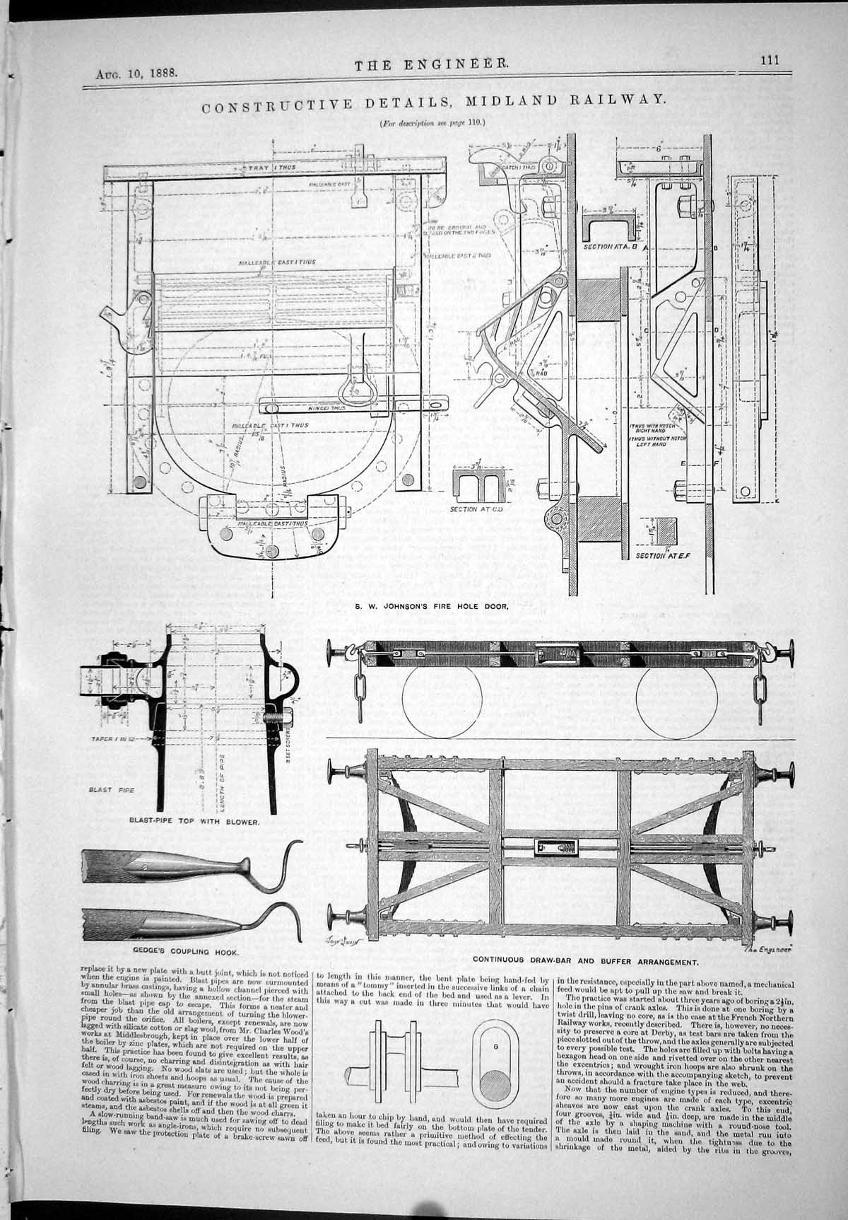 Old 1888 Constructive Details Midland Railway Johnsons Fire Hole Door Victorian