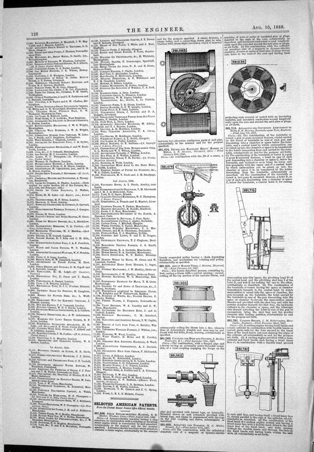 Antique Old Print American Patents 1888 Coupling Hose Faucets Carding Engine