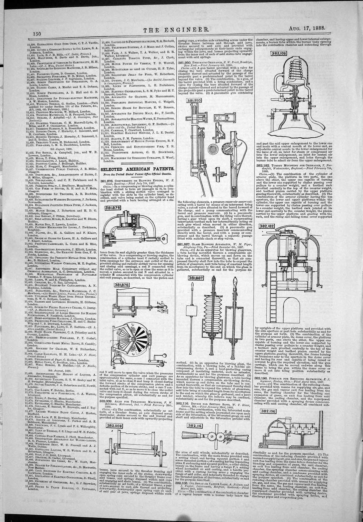 Antique Old Print American Patents 1888 Compressing Engine Furnace Aluminium
