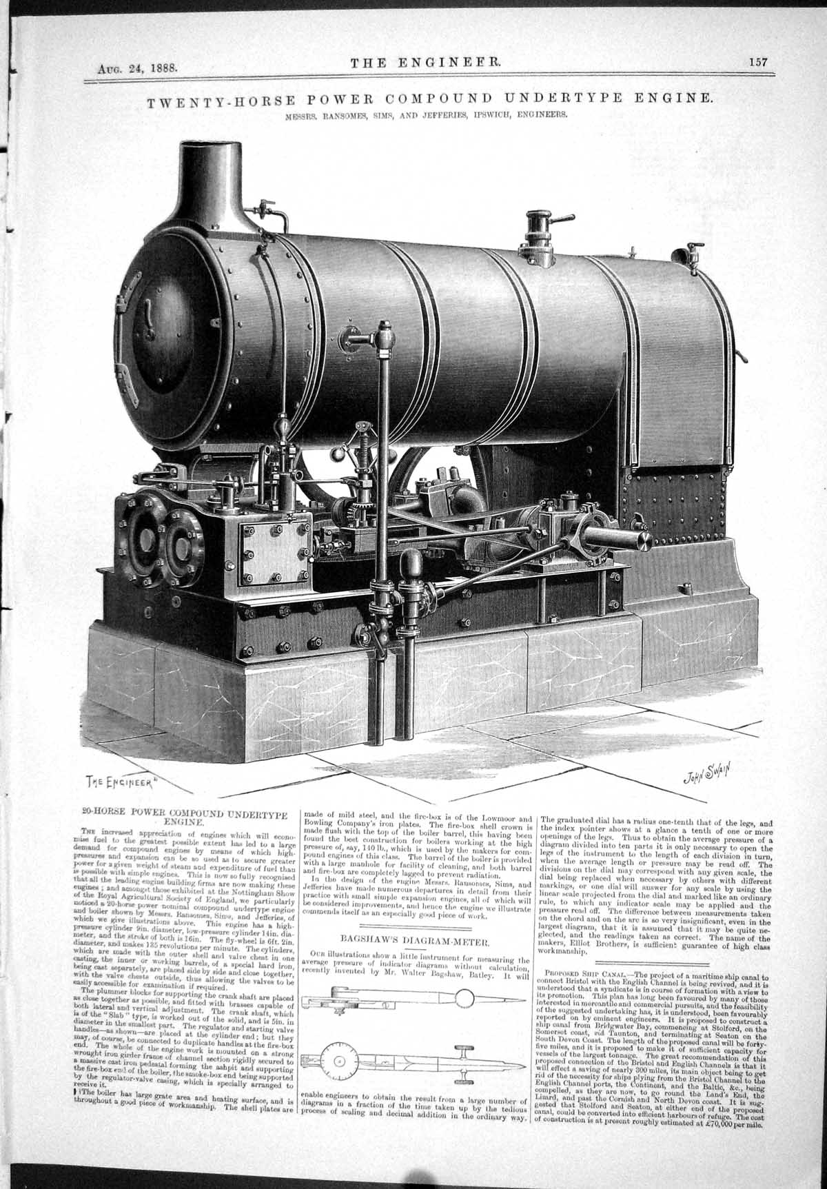 Antique Old Print 1888 Twenty-Horse Power Compound Undertype Engine Ransomes