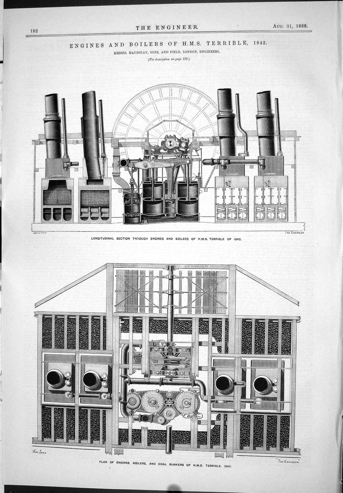 Old Print 1888 Engines Boilers Ship Terrible Maudslay Field Coal Bunkers 19th