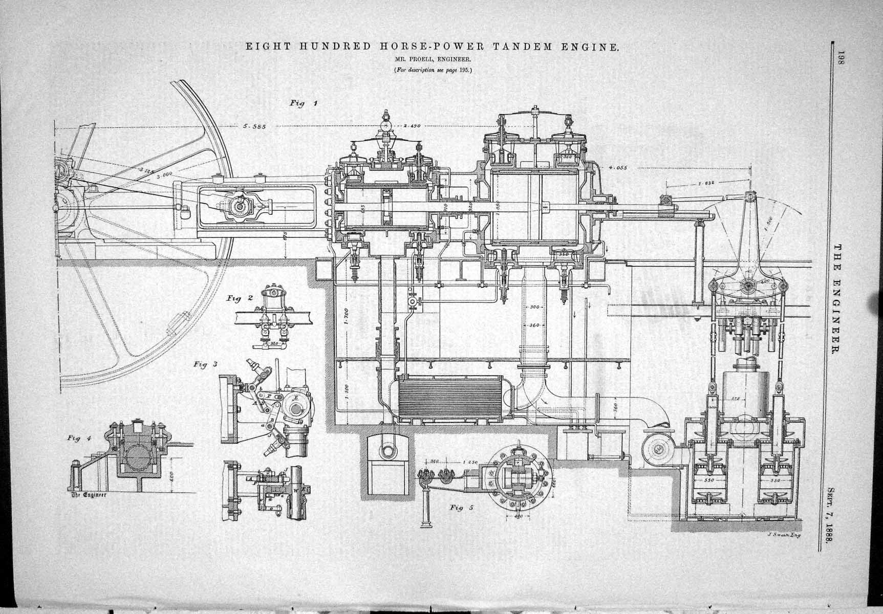 Antique Print 1888 Eight Hundred Horse-Power Tandem Engine Proell Machinery