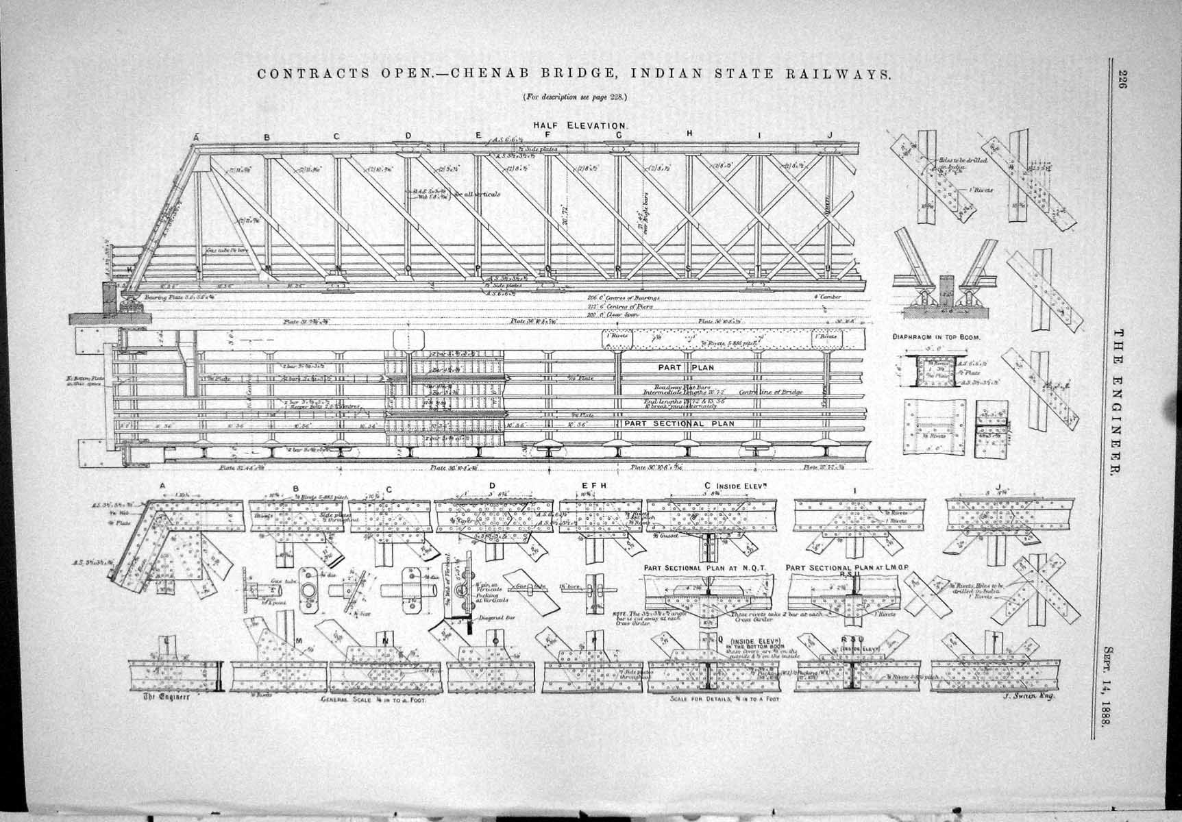 Old Print 1888 Diagrams Chenab Bridge Indian State Railway Contracts Open 19th