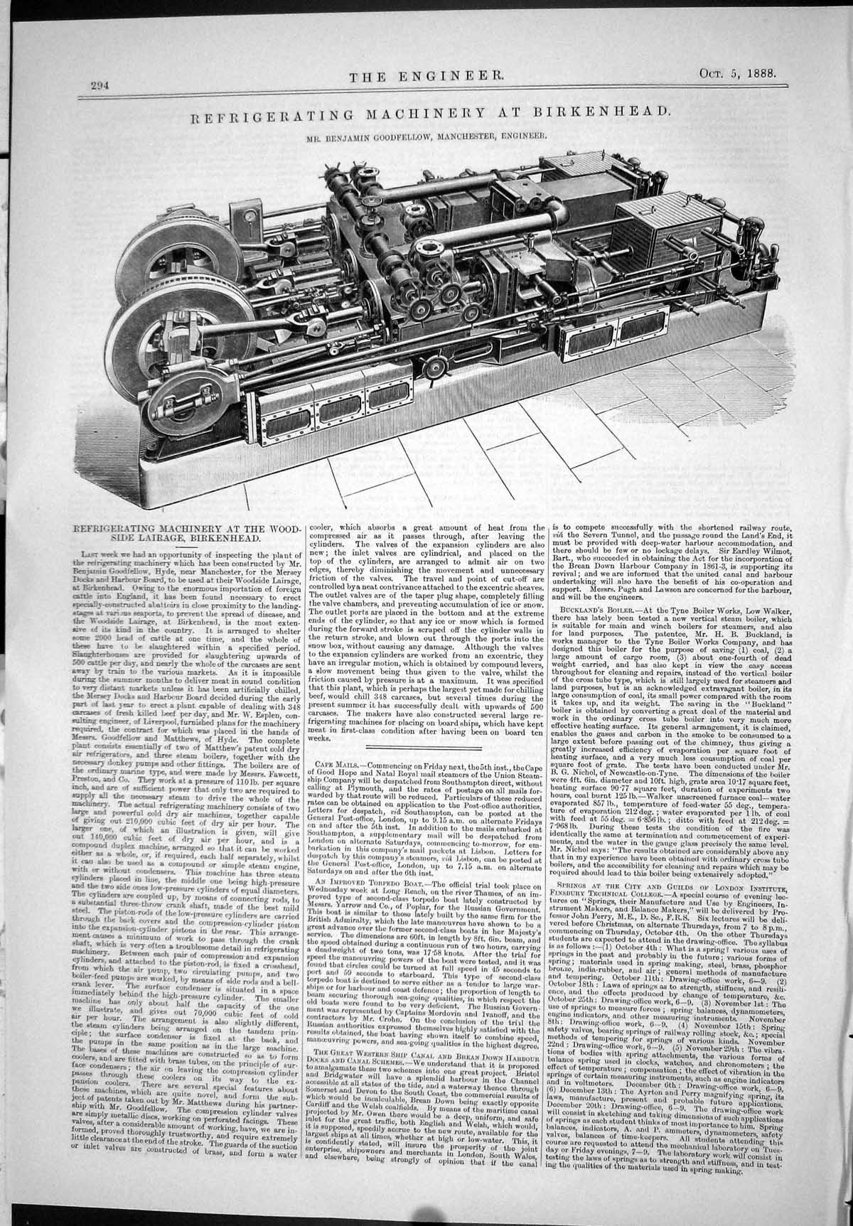 Antique Old Print 1888 Refrigerating Machinery Birkenhead Benjamin Goodfellow