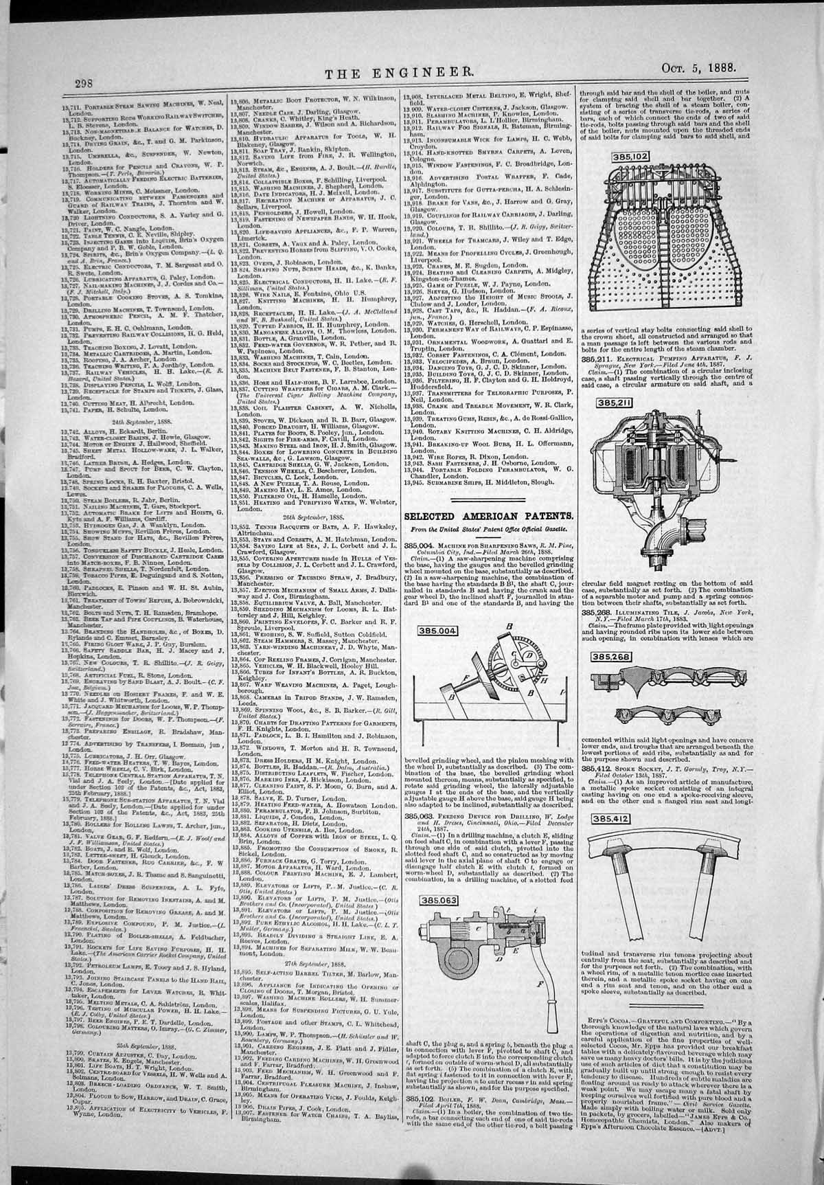 Antique Old Print Selected American Patents 1888 Spoke Socket Electrical Pump