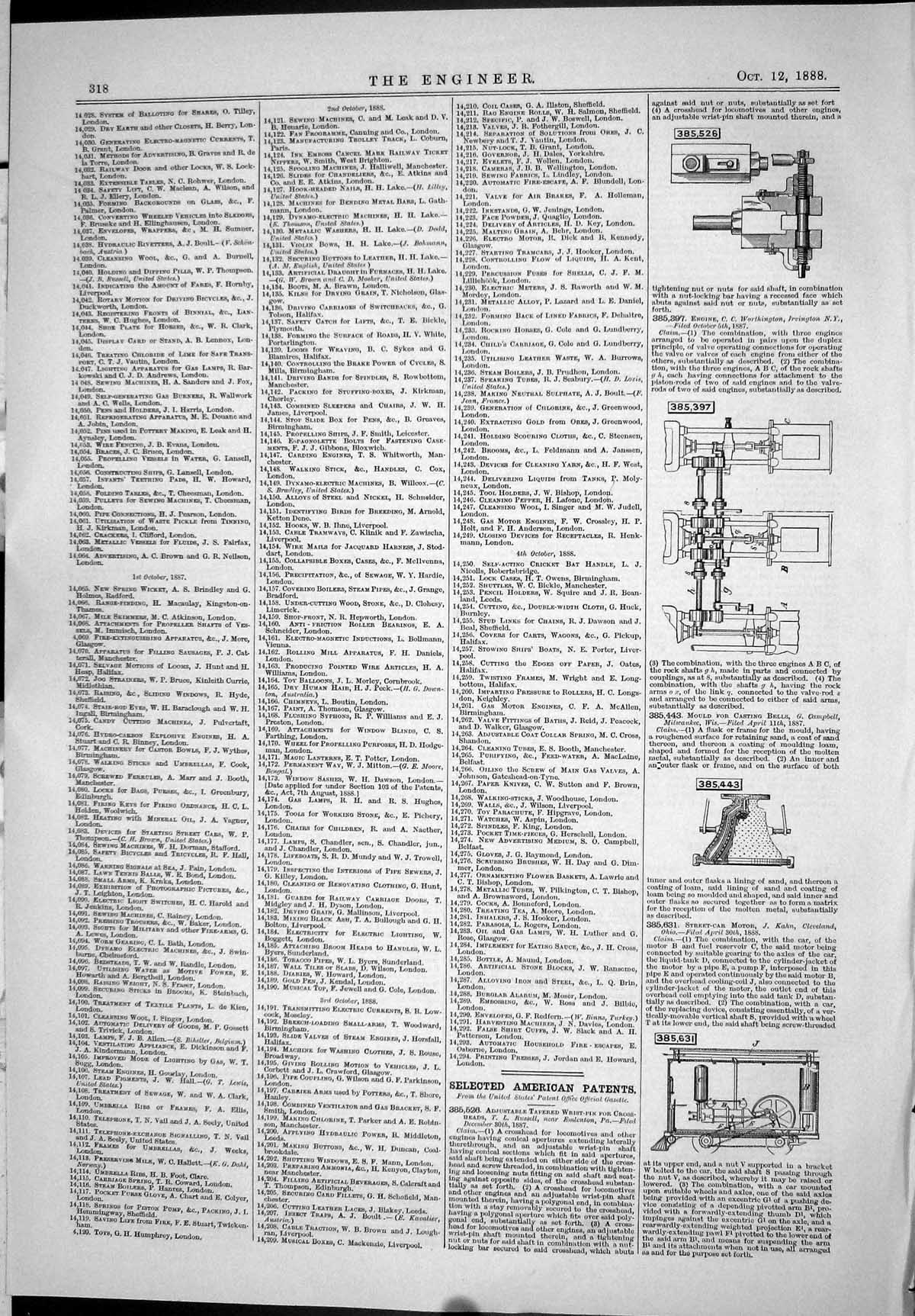 Antique Print American Selected Patents 1888 Mould Casting Bells Machinery 19th