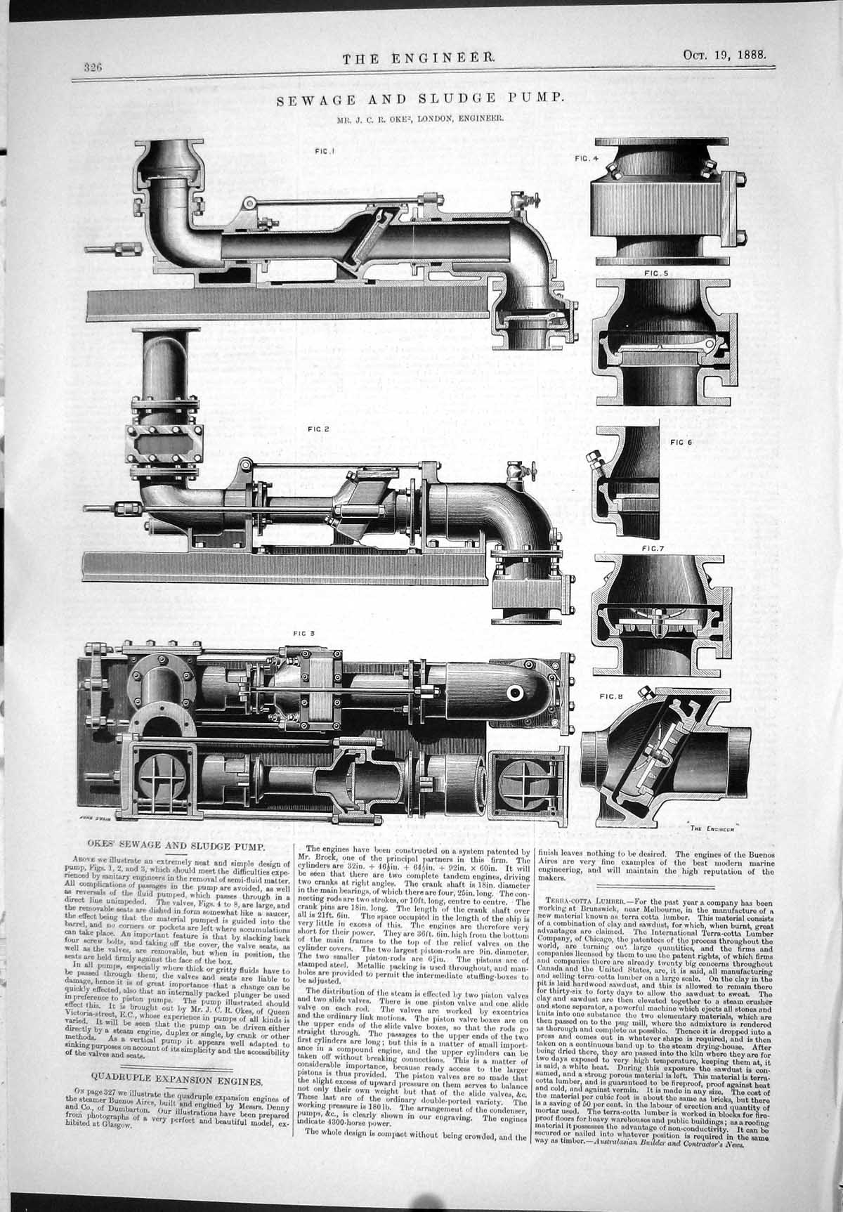 Antique Old Print 1888 Engineering Sewage Sludge Pump Machinery Oke London 19th