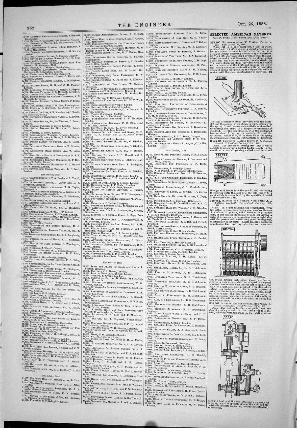 Old Selected American Patents 1888 Machine Rolling Wire Nails Machine Victorian