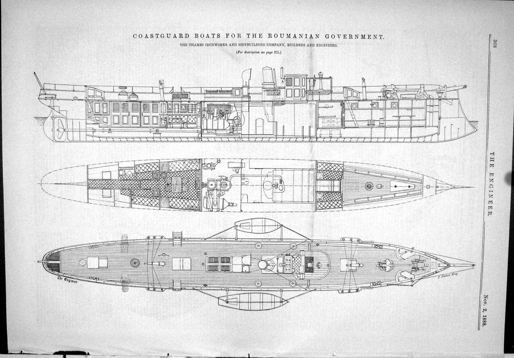 Antique Old Print 1888 Coastguard Boats Roumanian Government Thames Ironworks