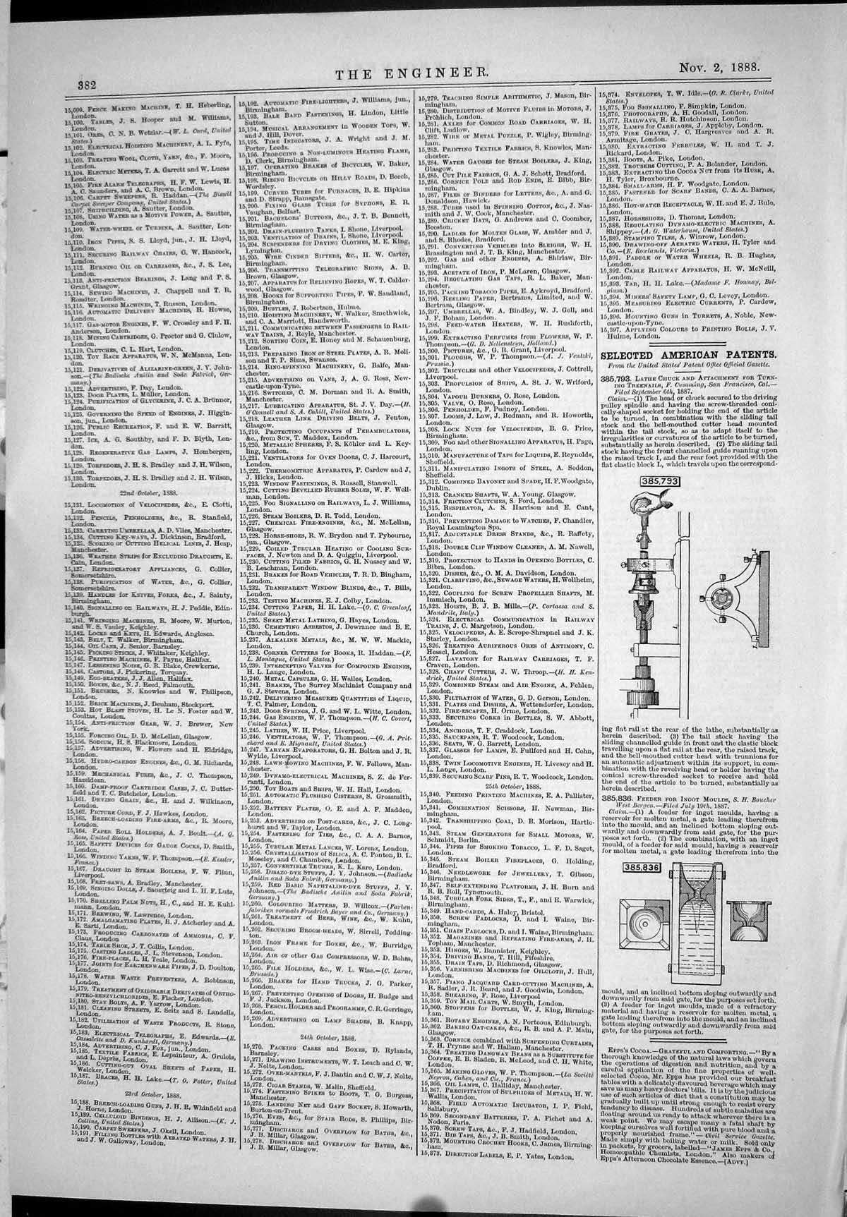 Old Print Selected American Patents 1888 Lathe Chuck Feeder Ingot Moulds 19th