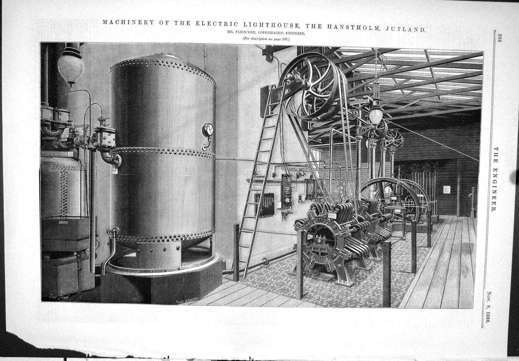 Old Print 1888 Machinery Electric Lighthouse Hanstholm Jutland Fleischer 19th