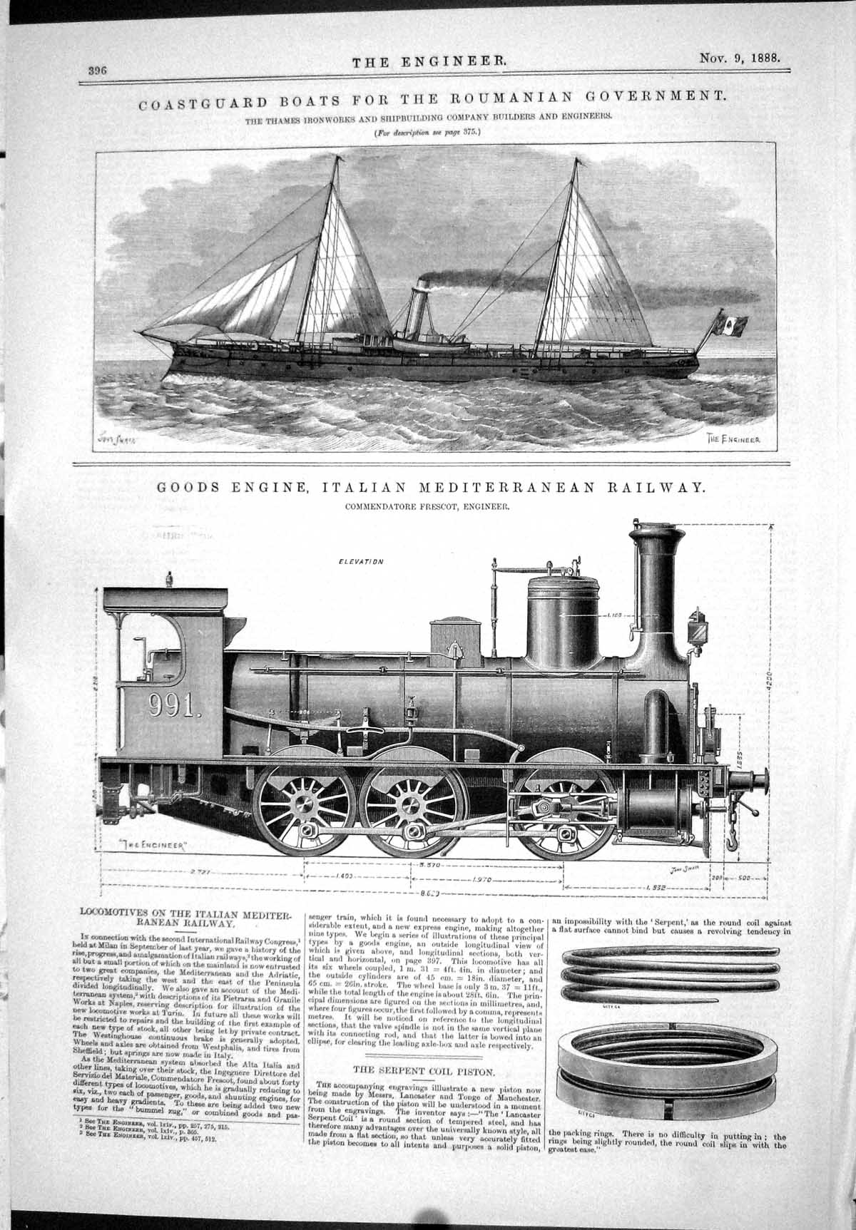 Antique Old Print 1888 Coastguard Boats Roumania Goods Train Railway Frescot